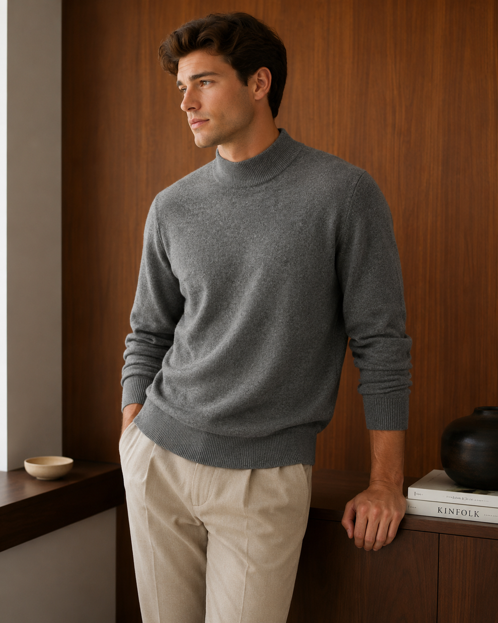 Men’s Premium Mock Neck Knit Sweater – Soft Touch Ribbed Jumper