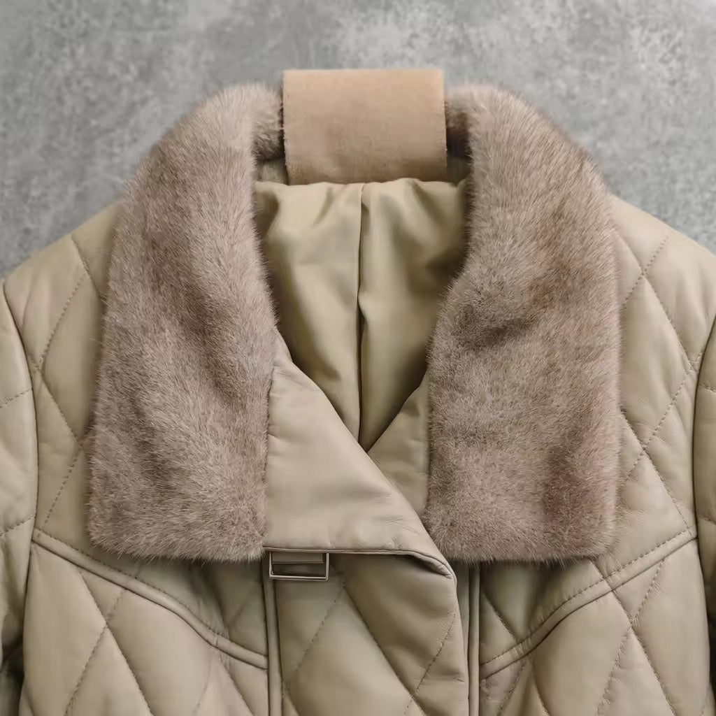 Women's Premium Leather Jacket with Fur Collar - Sheepskin Quilted
