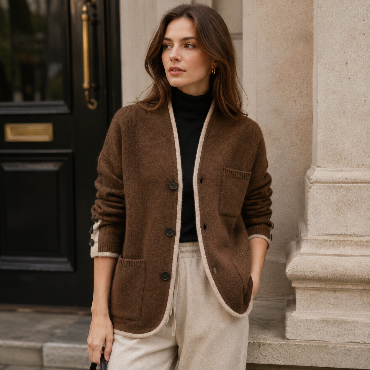 Women’s Contrast Trim Knit Cardigan – Premium Button Front