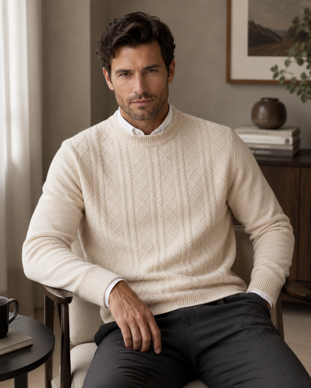 Men’s Cable Knit Sweater-100% Merino Wool
