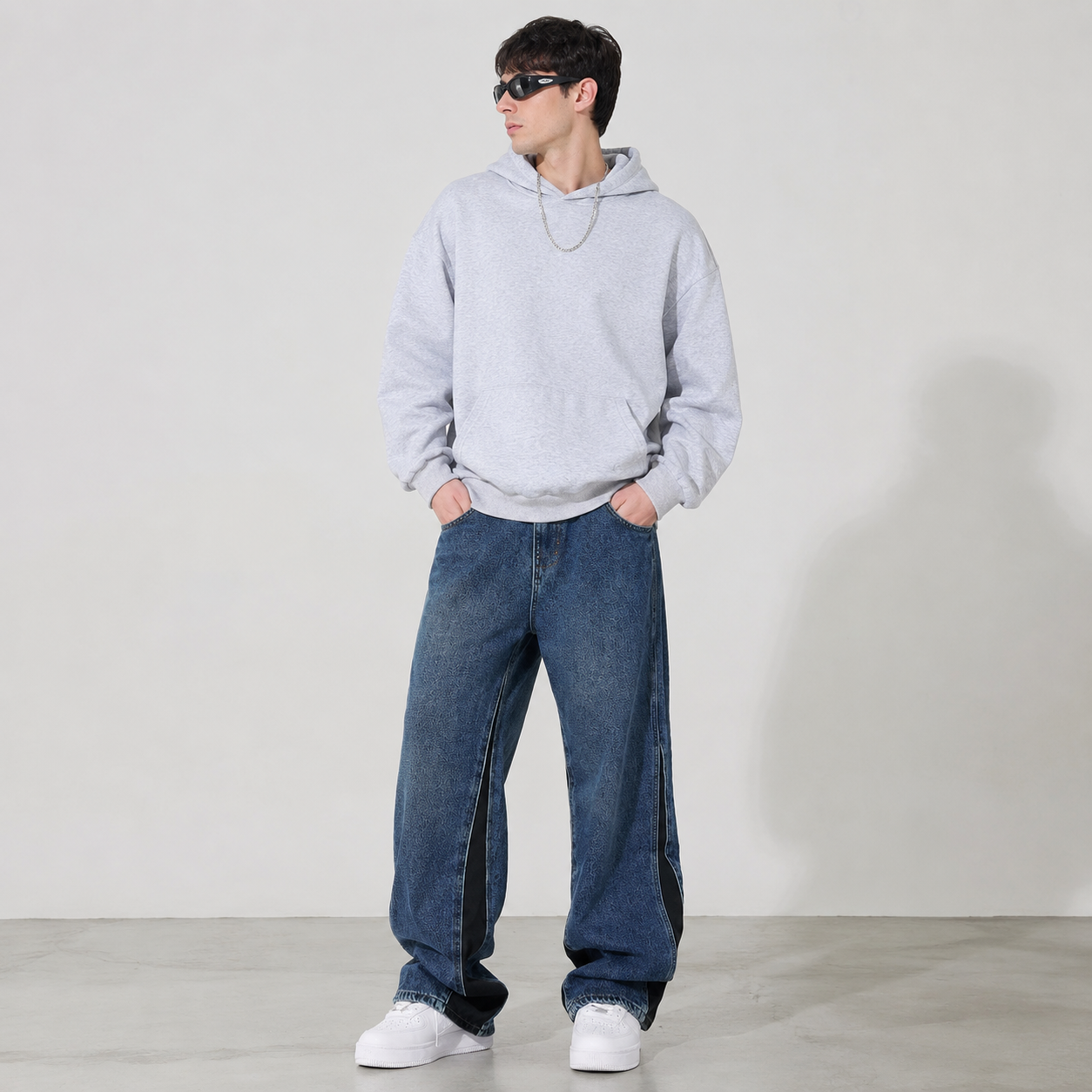 Men’s Oversized Panel Baggy Jeans – Streetwear Wide Leg Denim Pants