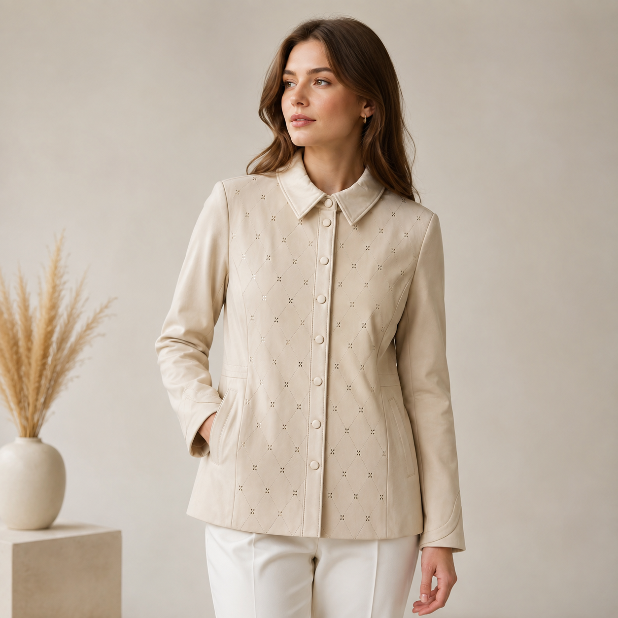 Women’s Genuine Leather Diamond-Quilted Jacket