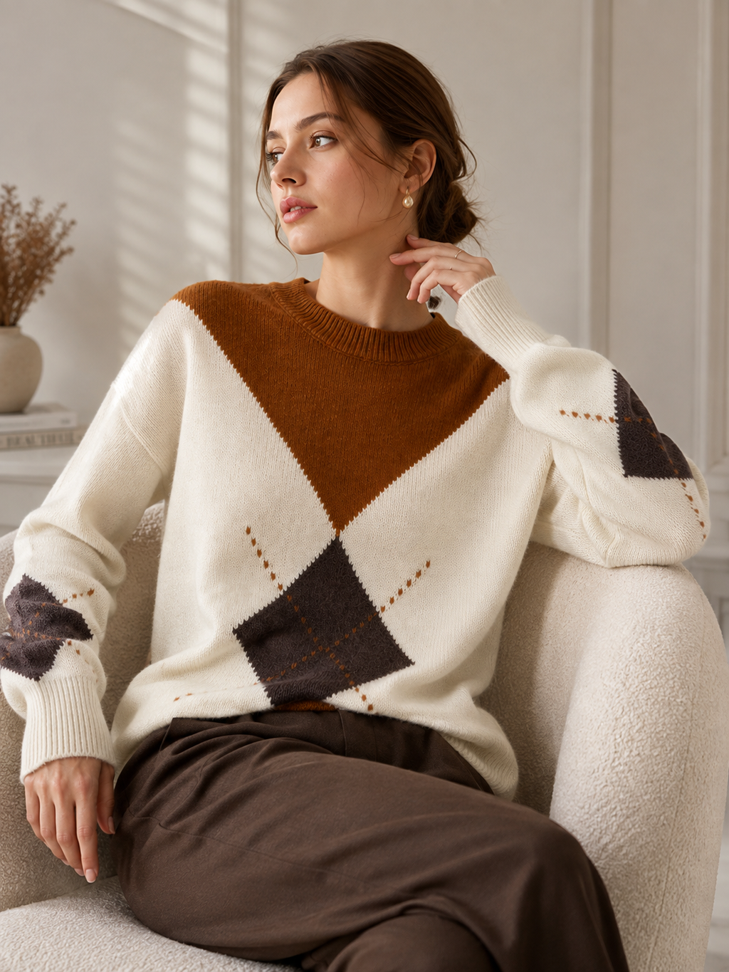 Women’s Argyle Knit Sweater-100% Cashmere