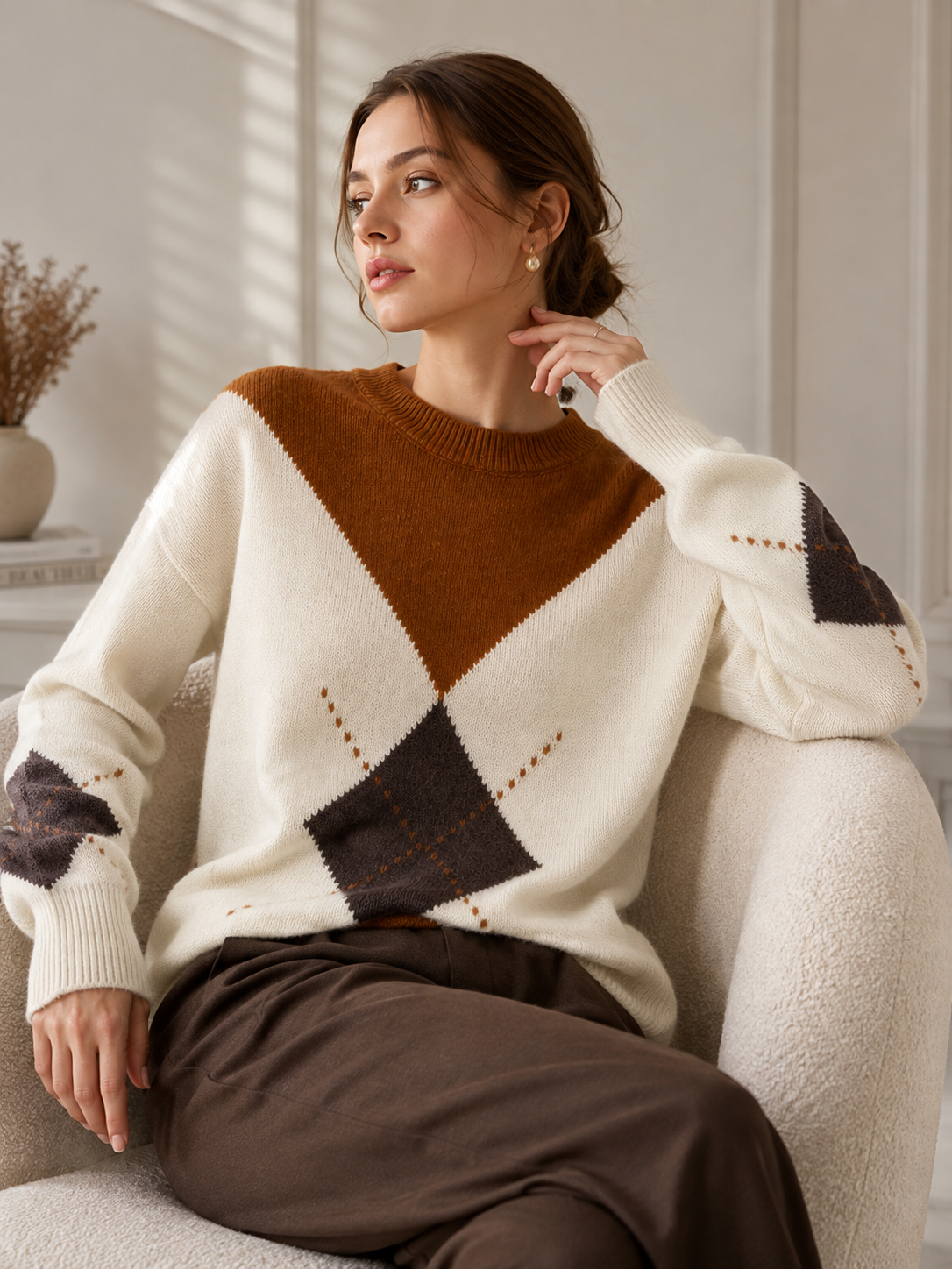 Women’s Argyle Knit Sweater-100% Cashmere