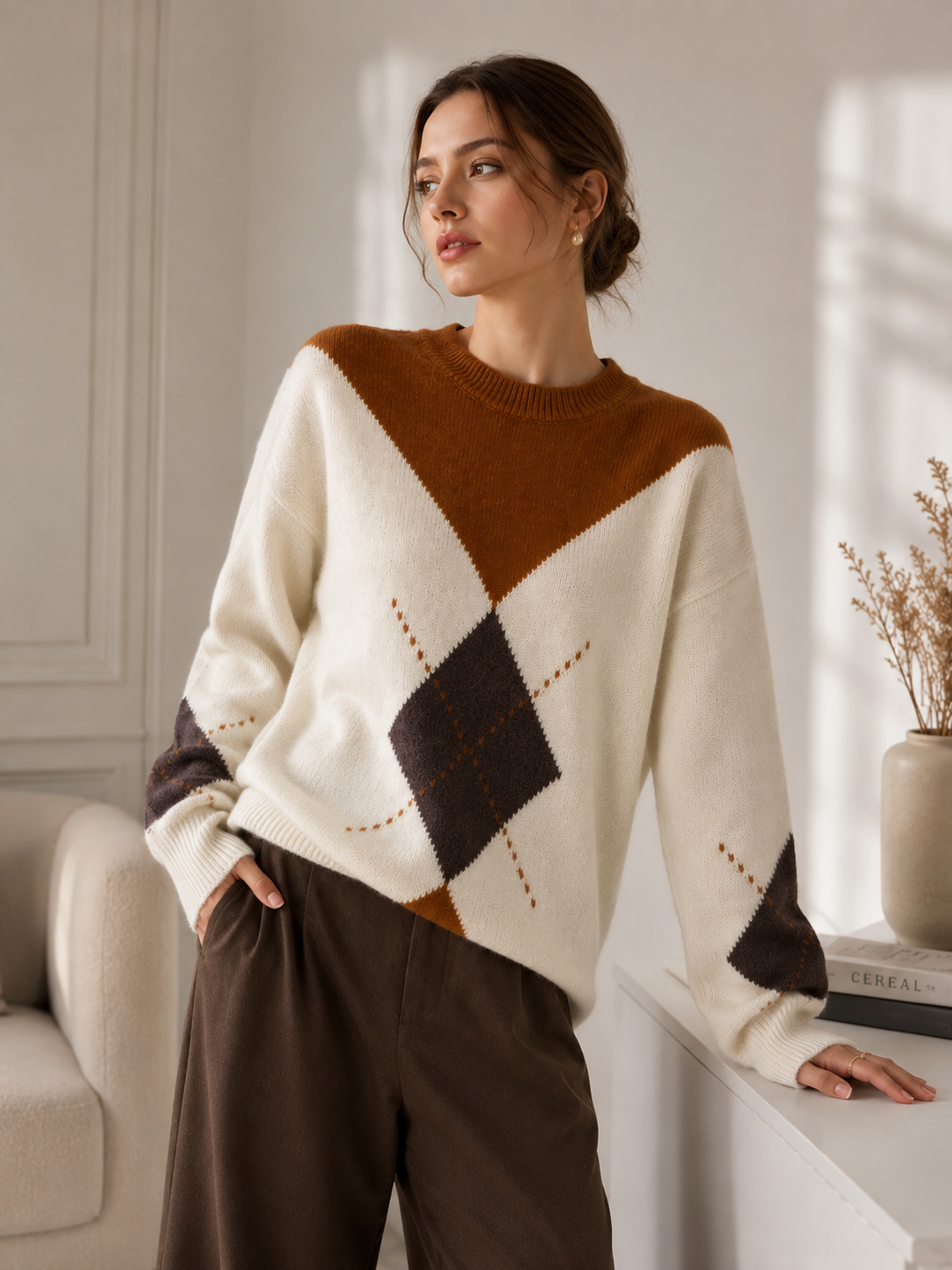 Women’s Argyle Knit Sweater-100% Cashmere