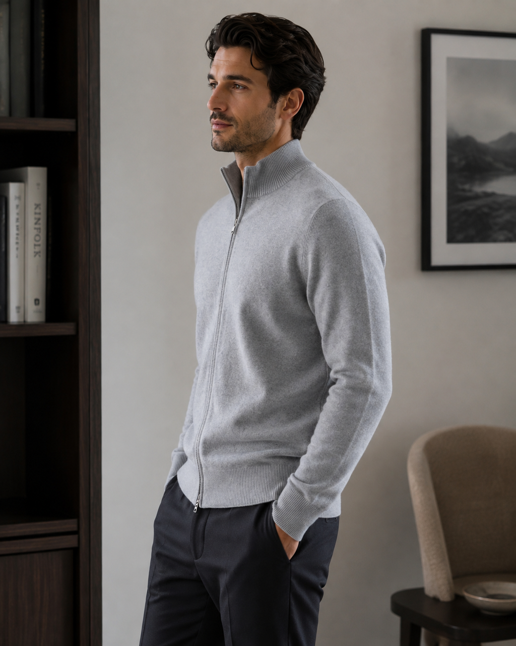 Men’s Zip-Up Knit Cardigan - 100% Goat Cashmere Wool