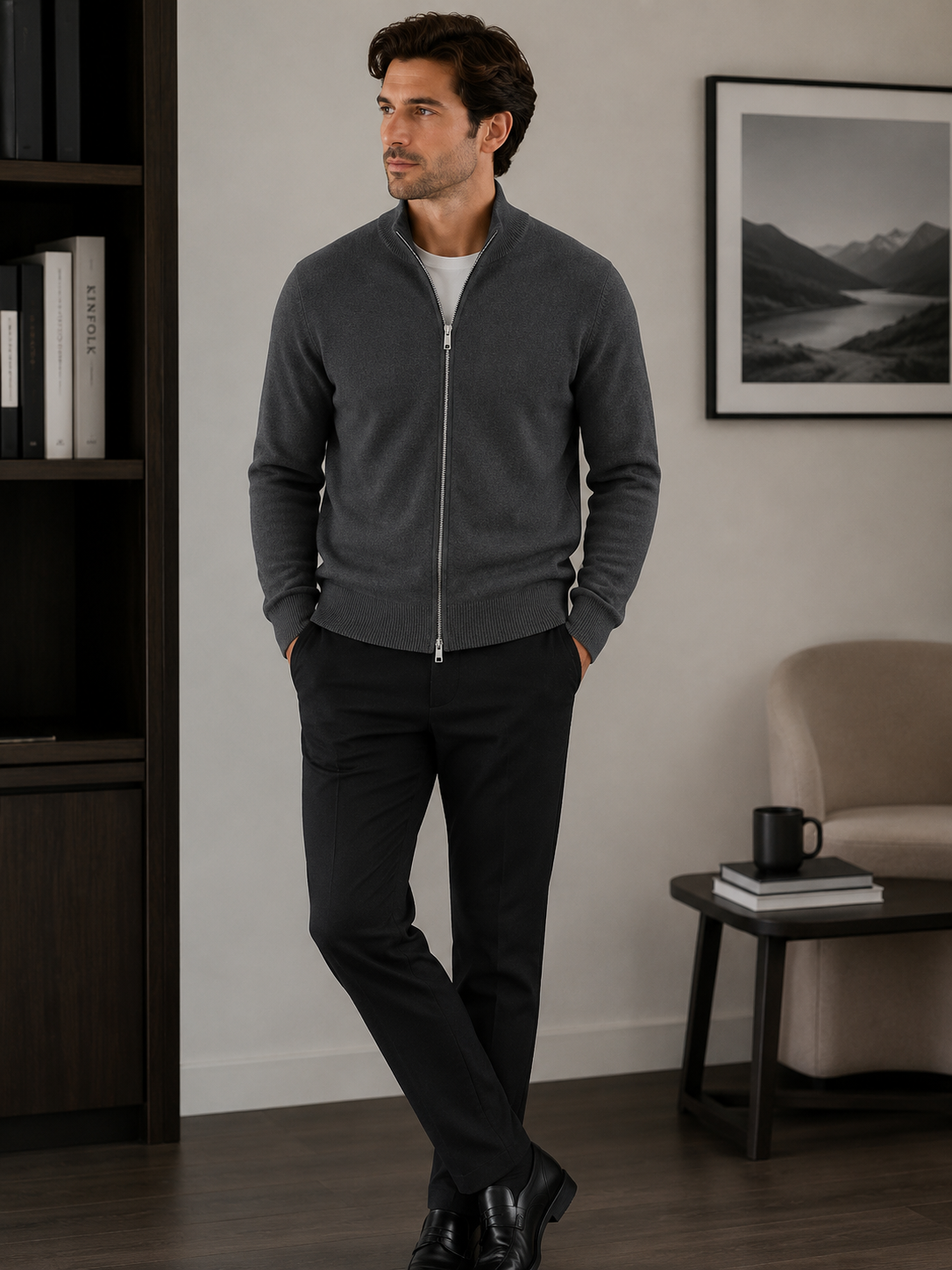 Men’s Zip-Up Knit Cardigan - 100% Goat Cashmere Wool