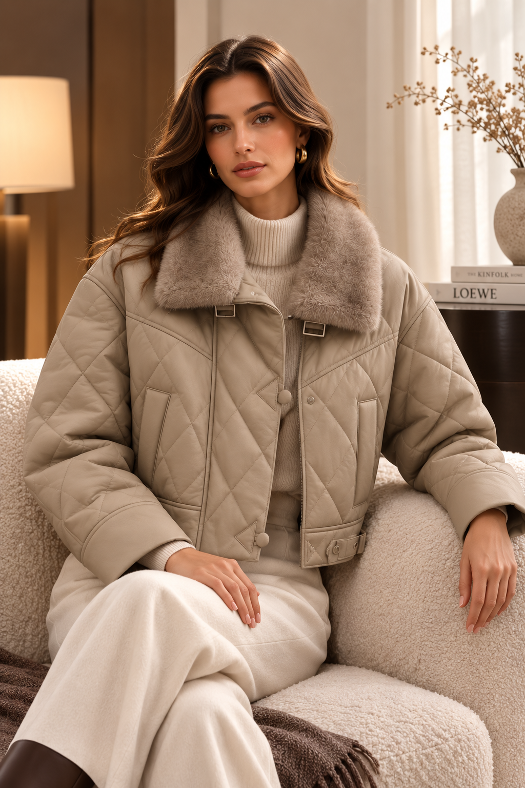 Women's Premium Leather Jacket with Fur Collar - Sheepskin Quilted