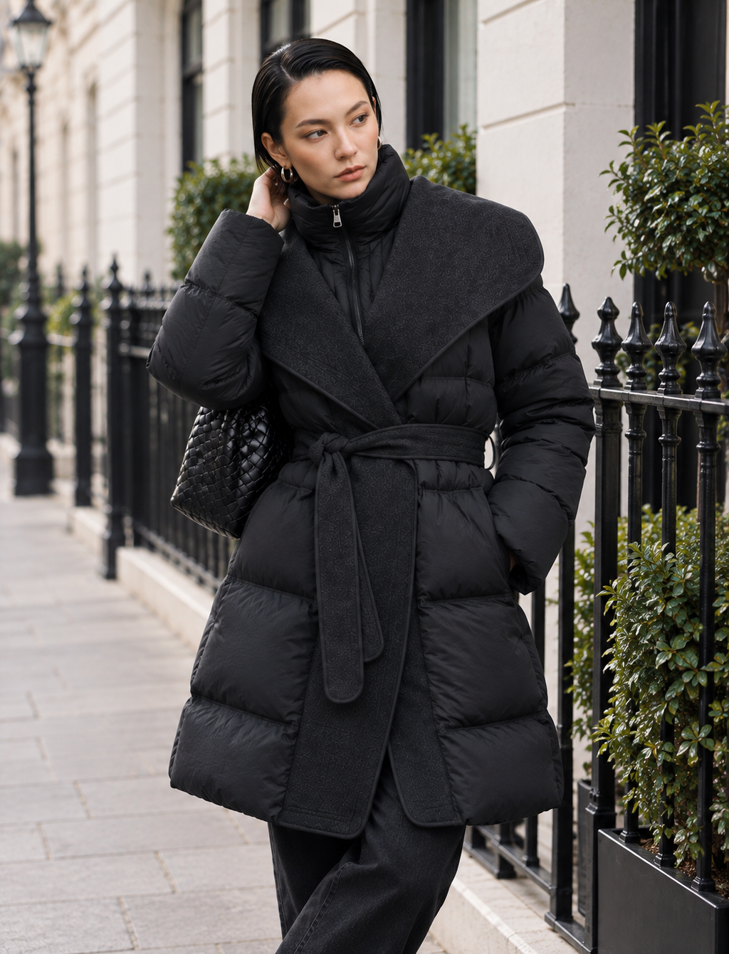 Women's belted puffer jacket black product detail | Kumrat Fashion UK