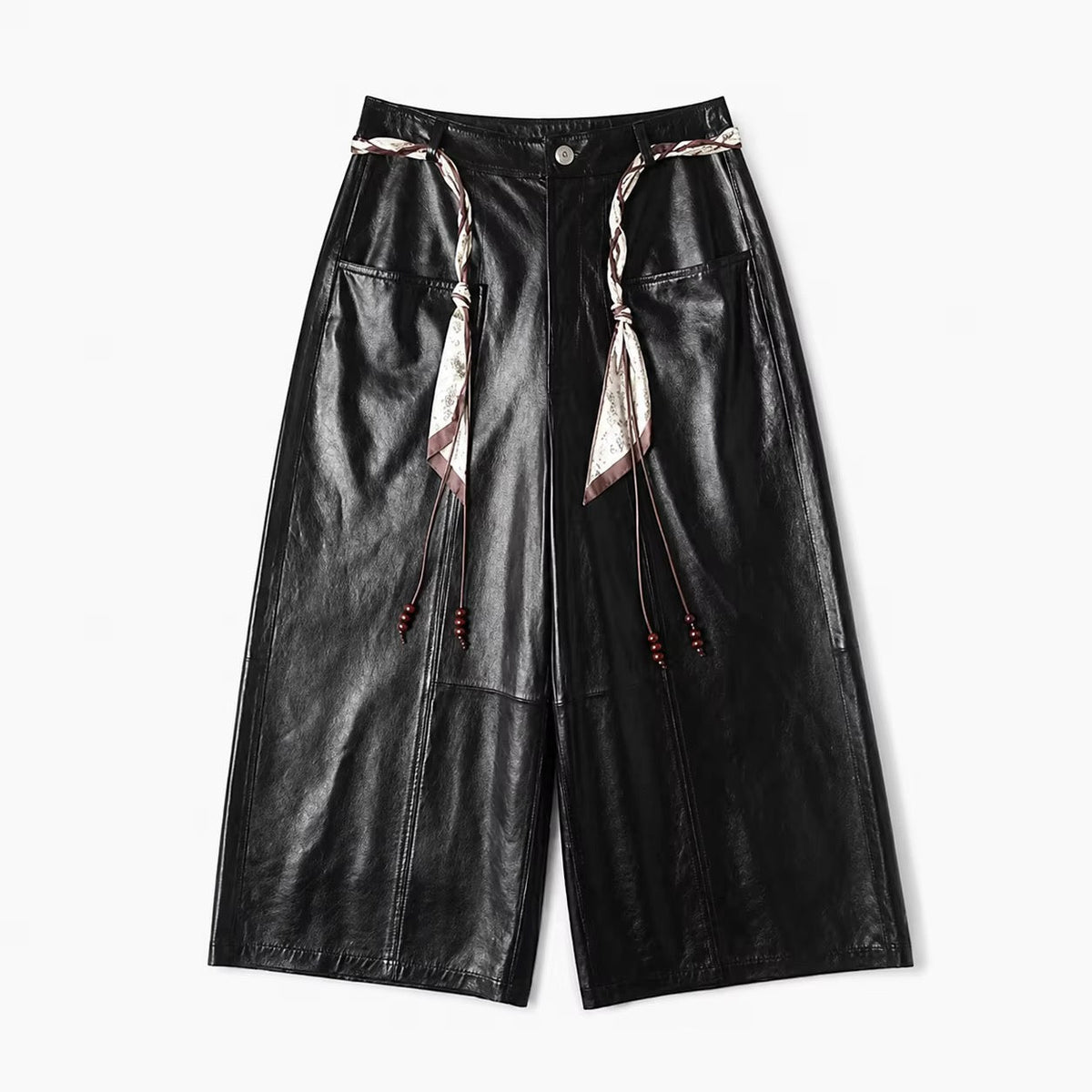 Black women’s Gothic straight leather trousers with scarf tie detail