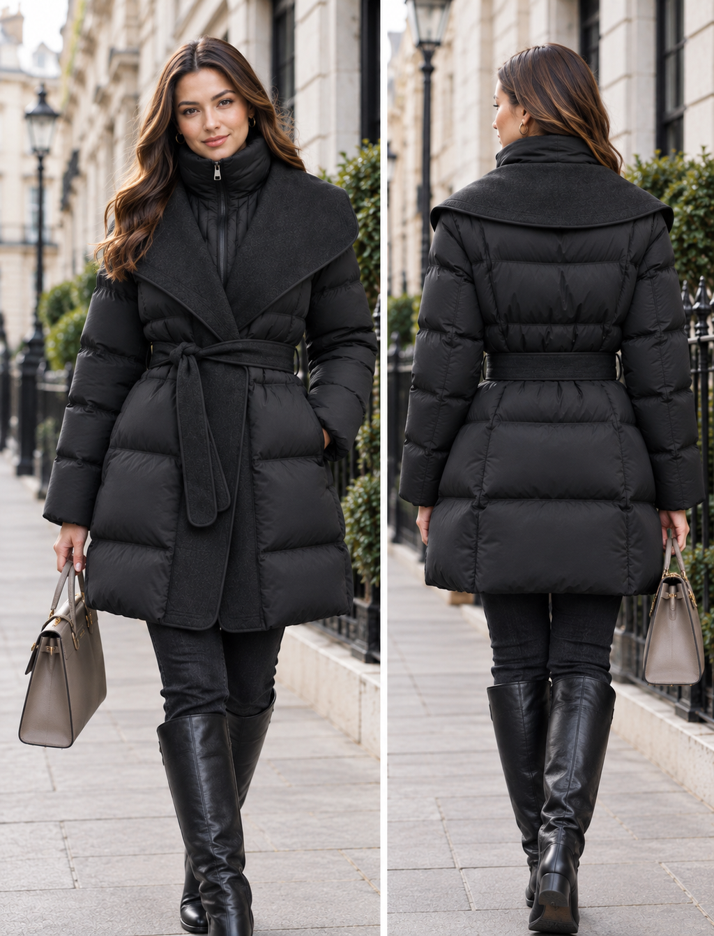 Women's black belted puffer jacket front and back model shot | Kumrat Fashion UK