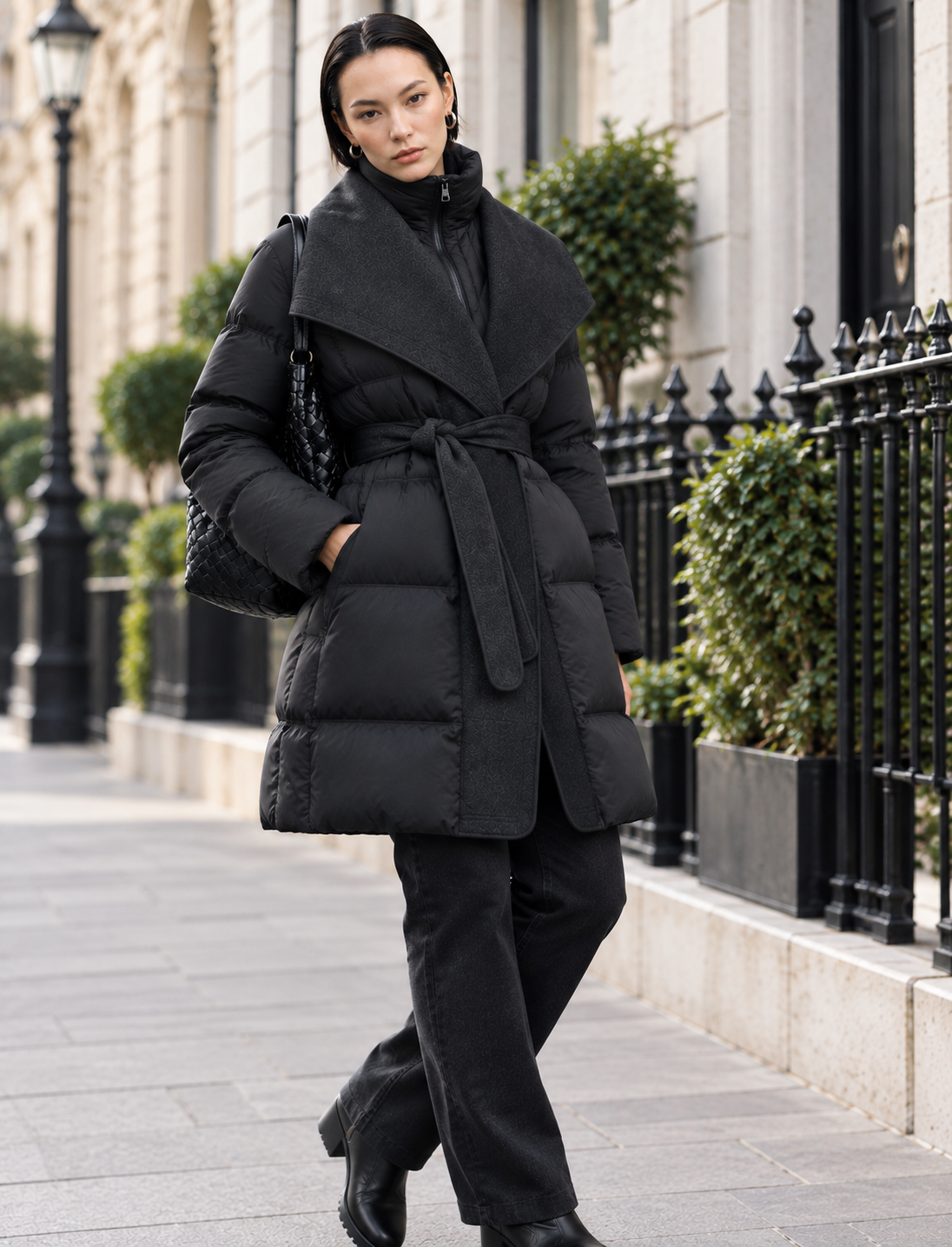 Women's black belted down puffer jacket front model shot | Kumrat Fashion UK