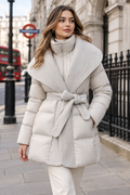 Women's cream belted puffer jacket front model shot | Kumrat Fashion UK