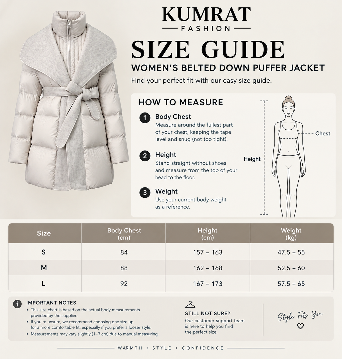 Women's Belted Down Puffer Jacket size guide S to L | Kumrat Fashion UK