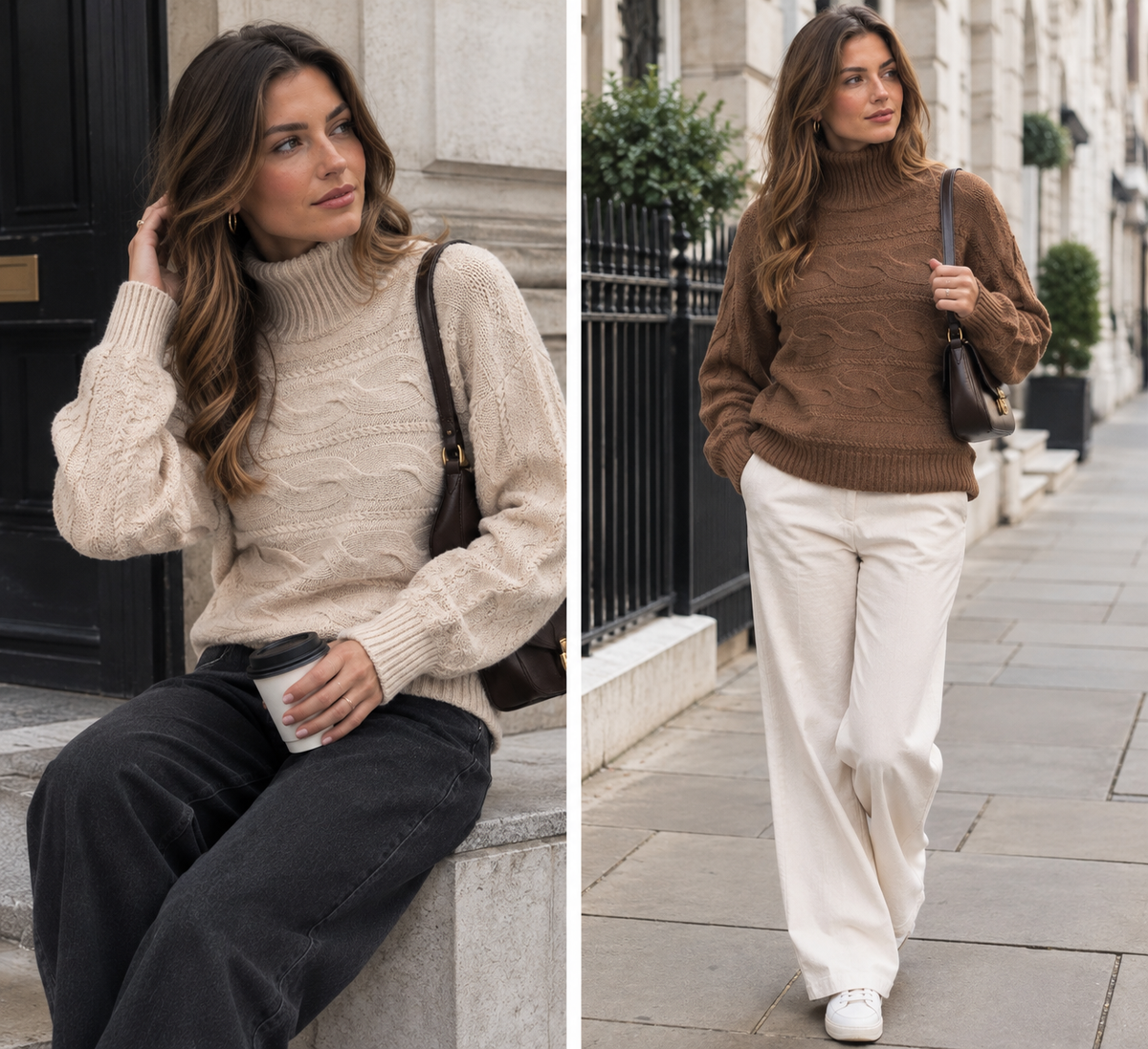Women's beige cable-knit turtleneck jumper styled on a model in two casual London street-style poses