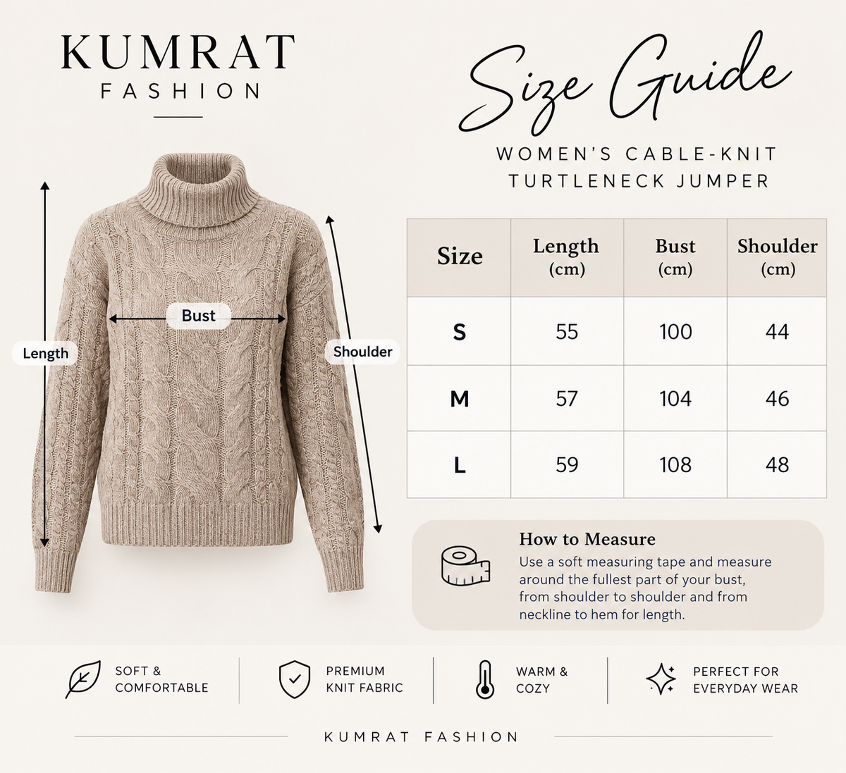 Size guide for the women's cable-knit turtleneck jumper showing garment length, bust and shoulder measurements in centimetres for sizes S, M and L