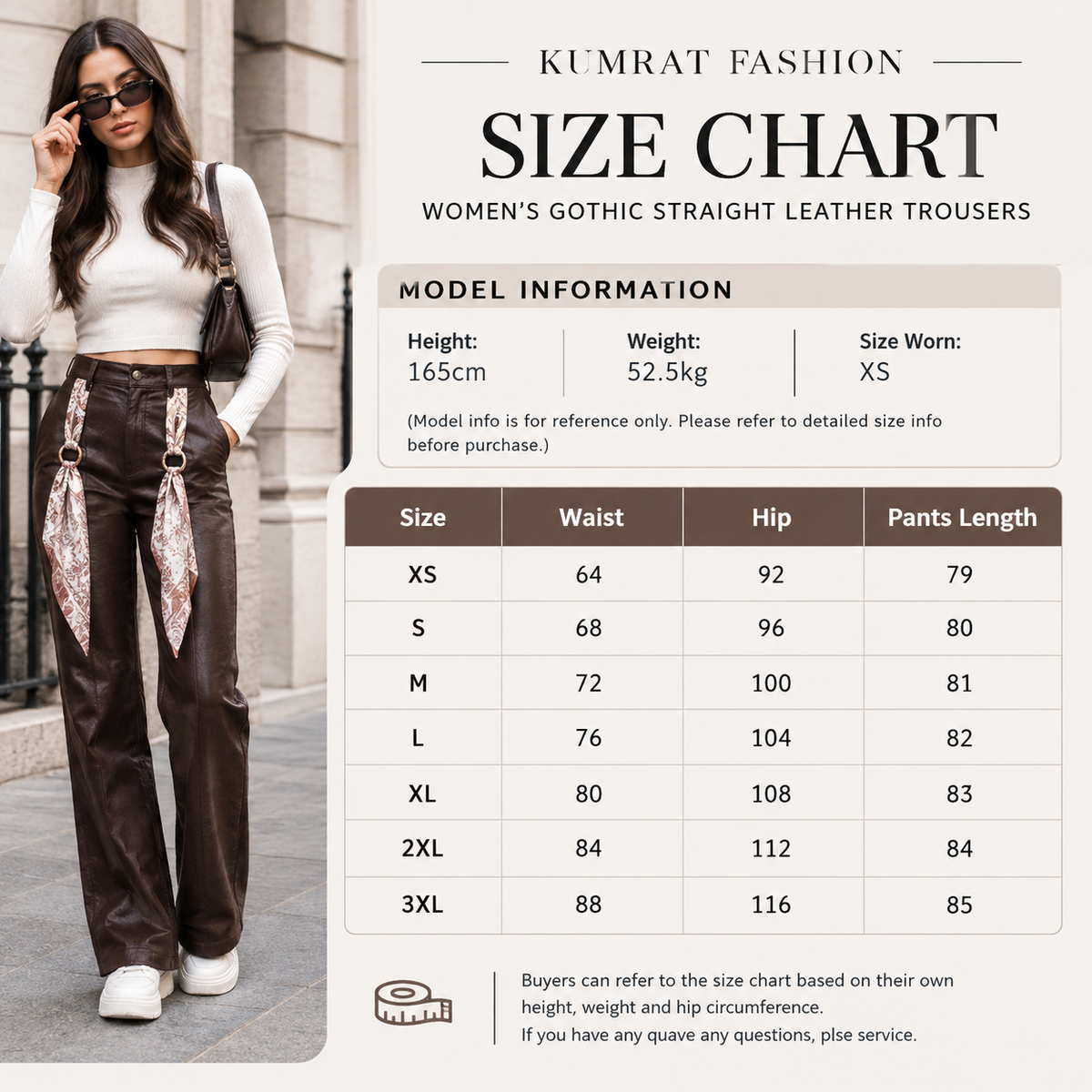 Women’s Gothic Straight Leather Trousers Size Chart - Kumrat Fashion UK