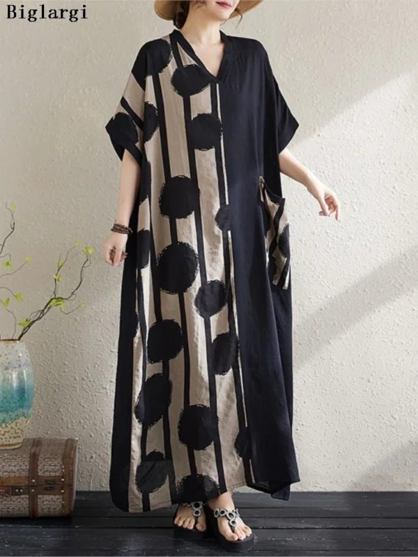 Oversized Summer Polka Dot Striped Print Dress Women V-Neck Fashion Casual Loose Pleated Ladies Dresses Short Sleeve Woman Dress