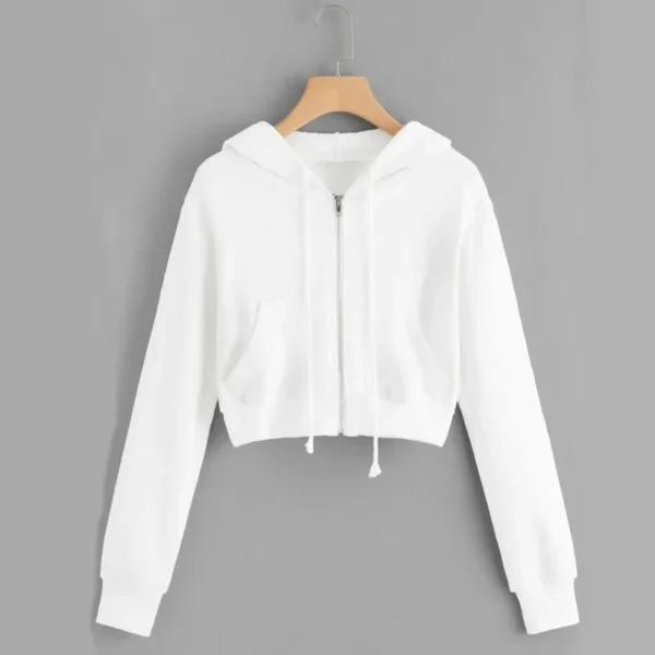 Casual White Crop Top Jacket Women Casual Solid Long Sleeve Zipper Pocket Shirt Hooded Sweatshirt Tops Hoodies Female Ropa Mujer