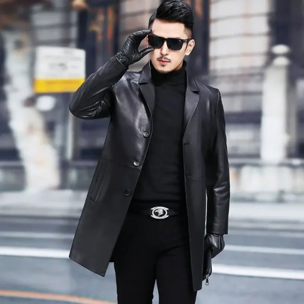Men’s Mid-Length Sheepskin Leather Trench Coat