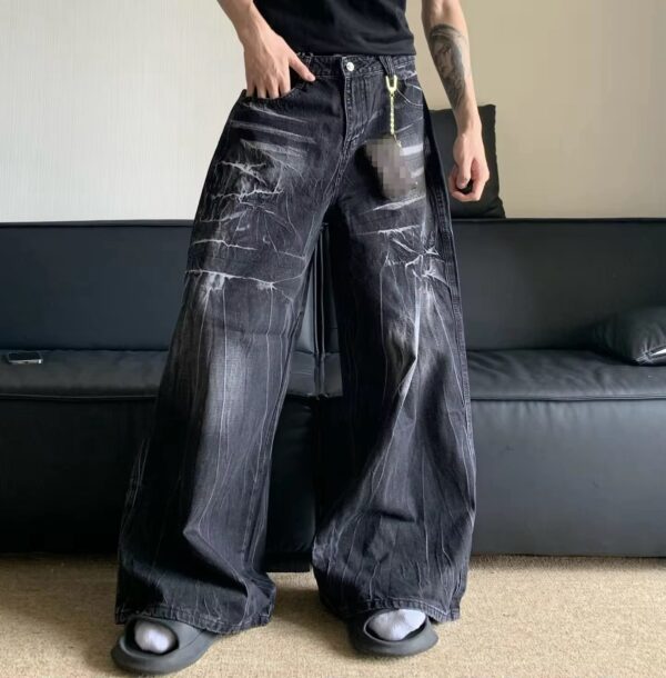 Men’s Oversized Wide-Leg Distressed Denim Jeans – Streetwear Black Wash